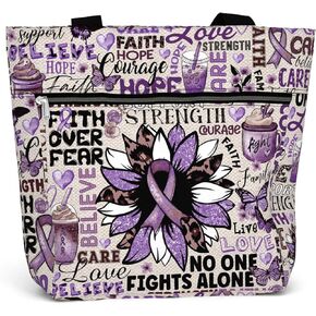 Large Waterproof Tote Bag with Pockets and Zipper for Work. Cancer Support Awareness Gift for Survivor Fighter. Aesthetic 15 inch Shoulder Bag for Women. Purple Ribbon.