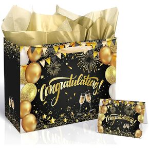 Black Gold Gift Bag Congratulations Gift Bag with Greeting Card and Tissue Papers Appreciation Party Paper Bag Wrapping Bag for Anniversary Birthday Weddings Retirements Housewarming Graduation Party