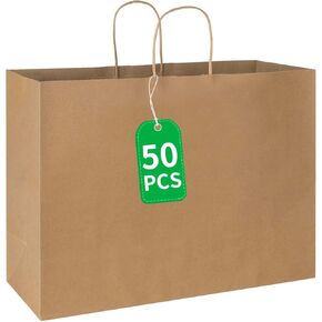 Bagmad 50 حزمة 16x6x12 بوصة أكياس ورق كرافت بنية مع مقابض كبيرة، أكياس ورق كبيرة معاد تدويرها، أكياس الهدايا، أكياس البقالة، أكياس البيع بالتجزئة، أكياس التسوق، أكياس البضائع للشركات الصغيرة