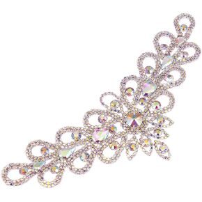 Handmade 3 * 7.9 Inches V-Neck AB Rhinestone Applique Sew On Neckline Crystal Trim Patches for Sewing Clothes Wedding Bridal Dress Decorative (Gold AB)