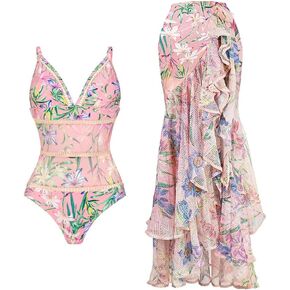 Women's One Piece Swimsuit Ruffle V Neck Vintage Floral Print Bathing Suits with Swim Skirt Bikini Swimwear Beachwear