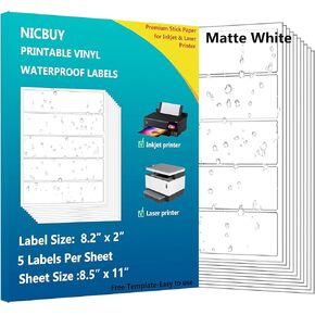 Printable Water Bottle Labels 8.2x2 inch Matte White Waterproof Vinyl Sticker Labels 100 Pcs for Inkjet or Laser Printer