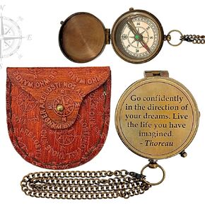 Brass Pocket Go Confidently Compass Hand Made Fully Functional Compass Antique Nautical Replica Item with Leather Case