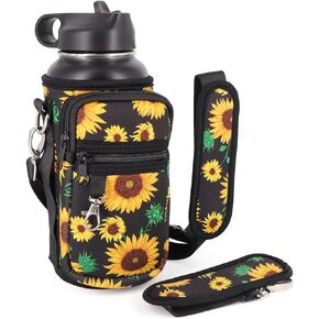 AJLTPA Water Bottle Holder Sling Bag Sleeve Carrier 32oz 40oz 64oz, Insulated Crossbody Water Bottle Case Cover with Padded Strap and 2 Pockets for Walking Hiking Camping