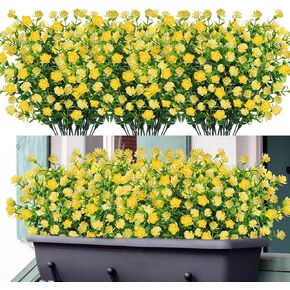 Dremisland 10 Bundles Artificial Flowers Outdoor UV Resistant Faux Flowers Fake Boxwood Plants Spring Summer Decoration Home Greenery Shrubs Window Porch Home Garden Farmhouse Decor (White)