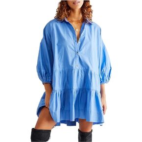 Women's Summer Cute Babydoll Mini Dress Puff Sleeve Flowy Tiered Tunic Short Dress Button Down Shirt Dresses