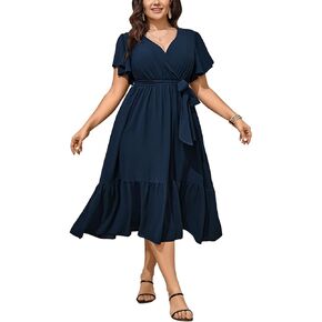 Womens Plus Size Wedding Guest Dresses Summer Wrap V Neck Short Sleeve Belted Ruffle Hem A-Line Flowy Maxi Dress