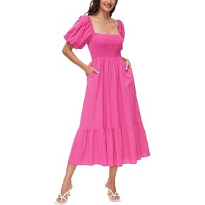 Square Neck Dress for Women 2024 Summer Smocked Midi Dress Cotton Off Shoulder Short Puff Sleeve with Pockets