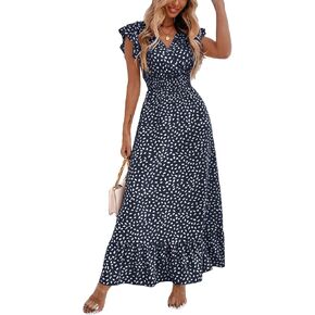 LYANER Women's Floral Print V Neck Ruffle Cap Sleeve Ruffle Hem Flowy Midi Dress