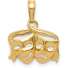 14k Yellow Gold Satin Open-Back Comedy Tragedy Masks Theater Pendant 13 mm x 15 mm
