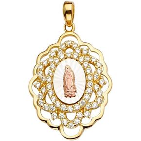 Sonia Jewels 14k White Yellow And Rose Tri Color Gold Cubic Zirconia CZ Our Lady of Guadalupe Virgin Mary Medal Pendant 30mm X 18mm