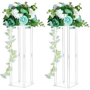 2 Pcs 23.6in Crystal Acrylic Vases Column Centerpiece — Geometric Acrylic Flower Rack, Table Top Decorative Vase Cake Dessert Stand for Wedding Events, Anniversary Party, Family Gathering