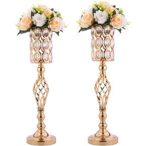 24in Metal Diamond Crystal Wedding Centerpiece Vases for Tables Set of 2, Gold Versatile Tall Flower Holders Centerpiece Flower Stands for Wedding Party Reception Dining Room Living Room Décor