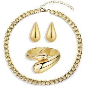 Gold Chunky Necklace Bangle Bracelet Earrings Set for Women Gold Jewerly Set Wide Cuff Bangle Bracelet Dainty Gold Chunky Earrings Statement Jewelry Set