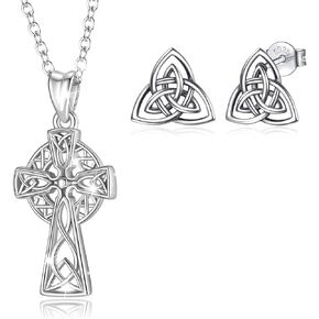 INFUSEU Sterling Silver Irish Charm Jewelry Set for Women Girls, Celtic Cross Necklace & Trinity Knot Earrings