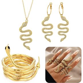 Snake Earrings & Necklace 14K Gold Plated Snake Bracelet Personalized Punk Snake Rings Hypoallergenic Fashion Rhinestone Ear Jewelry Set for Women and Girls