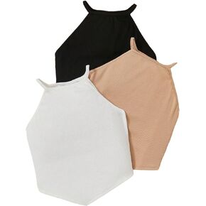 Milumia Girl's 3 Pack Ribbed Knit Sleeveless Halter Top Hanky Hem Crop Cami Tops Set