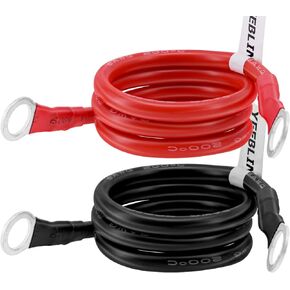 8 AWG Battery Cable Set, Yeebline 0.6m/2ft Copper Power Inverter Cables with 3/8" Ring Terminals for Car, Vehicle, RV, Solar Application - Red + Black
