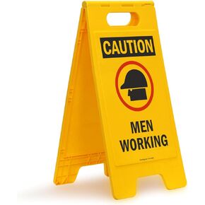 SmartSign 25 x 12 inch “Caution - Men Working" Two-Sided Folding Floor Sign with Symbol, Digitally Printed Polypropylene Plastic, Red, Black and Yellow