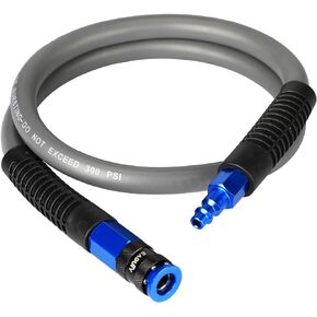 Hybrid Lead-in Air Hose 3/8 In. x 3 ft, Lightweight, Flexible, Durable Air Compressor Hose with Aluminum Universal Quick Coupler and Industrial Plug, Gray