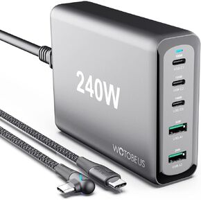 WOTOBEUS 240W 5-Ports USB C Charger | GaN PD100W PPS45W Super Fast Charging Station & 5A LED Cable & AC Cord for iPhone 15 14 Max iPad MacBook Pro Air Samsung Galaxy S24 Pixel Android Type-C Laptops