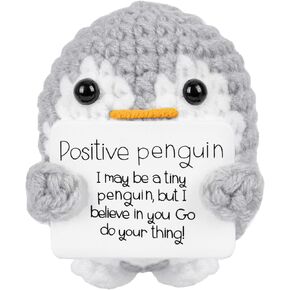 WANTY Positive Penguin، لعبة البطريق المحبوكة 2.6 بوصة، بطريق كروشيه مصنوع يدويًا مع بطاقات إيجابية، بطريق إيجابي صغير مضحك، هدية مشجعة للأصدقاء/العائلة، ديكور المنزل والمكتب (رمادي)