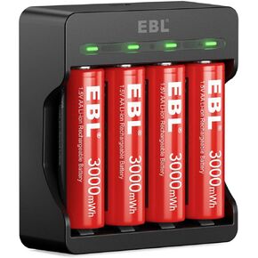 EBL 4 Pack 1.5V Rechargeable Lithium AA Batteries with USB Input Charger, 3000mWh Li-ion AA Batteries Long Lasting Double A Battery
