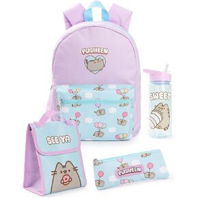 Pusheen Girls Backpack Set | Kids 4 Piece Blue & Pink Rucksack Bundle with School Bag, Pencil Case, Lunch Bag & Water Bottle | Kitten Cat Graphic Complete Matching Set | Back to School Gifts