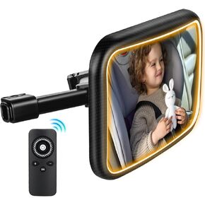 Baby Car Mirror with Light - Car Seat Mirror for Baby Rear Facing with Remote Control, Clear Vision, 360° Rotation Rear Facing Car Seat Mirror Hook Clip Design, Shock and Shatter Resistant