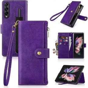 Antsturdy Samsung Galaxy Z Fold 3 5G Wallet مع حامل بطاقة للنساء والرجال، Galaxy Z Fold 3 5G جراب هاتف RFID حجب PU جلد الوجه غطاء مقاوم للصدمات مع حزام سحاب فتحات بطاقة الائتمان، النبيذ الأحمر