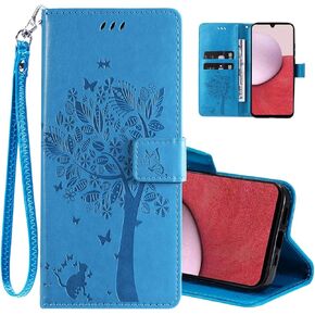 for Galaxy A15 5G Phone Case Wallet,Women Flip Folio Cover with Credit Card Holders Embossed Tree Cat Flower PU Leather Kickstand Wrist Strap Purse Pocket Case for Samsung Galaxy A15 5G Black