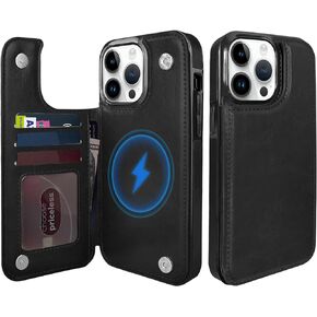 TopPerfekt Wallet Case for iPhone 14 Pro Max, Compatible with MagSafe, Wireless Charging, Leather Card Holder Kickstand Protective Cover Magnetic Phone Flip Case for iPhone 14 Pro Max 6.7"-Black