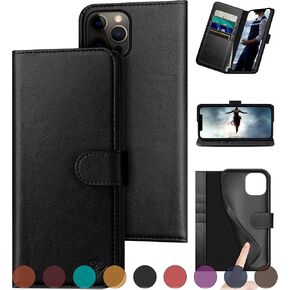 for iPhone 12/12 Pro 6.1" Genuine Leather Wallet case 【RFID Blocking】【4 Credit Card Holder】【Real Leather】 Flip Folio Book Phone case Protective Cover Women Men for Apple 12 case Black