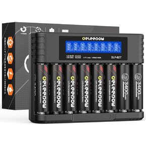 Deleepow Rechargeable AA Batteries Lithium AA Rechargeable Batteries 1.5V 3400mWh, 8 Count AA Lithium Batteries with Charger 1500 Cycles
