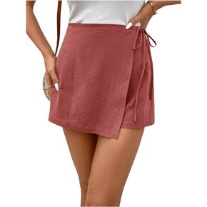 Floerns Women's Solid Wrap Front Skirt Shorts Drawstring Knot Side Skort Shorts