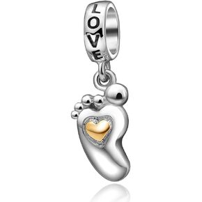 Love Baby Footprint Charms 925 Sterling Silver Gold Plated Heart Charms Fits European Bracelet