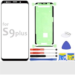 Front Glass Outer Screen Lens Replacement for Samsung Galaxy S9 Plus G965 6.2" with Frame Adhesive and Tool Kit (Black)