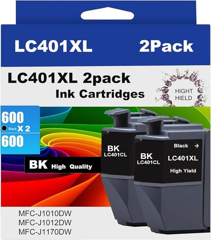خراطيش حبر LC401XL لطابعة Brother متوافقة مع خراطيش حبر Brother LC401 لطابعة Brother MFC-J1010DW MFC-J1012DW MFC-J1170DW 2 حزمة XL (2 أسود) in Kuwait