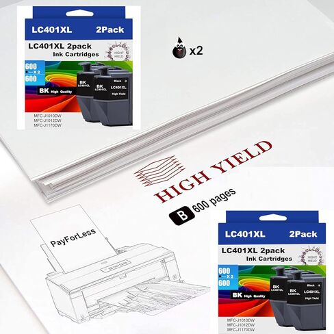 خراطيش حبر LC401XL لطابعة Brother متوافقة مع خراطيش حبر Brother LC401 لطابعة Brother MFC-J1010DW MFC-J1012DW MFC-J1170DW 2 حزمة XL (2 أسود) in Kuwait