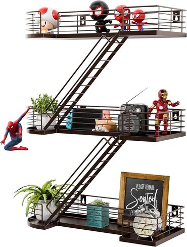15 Inch Fire Escape Wall Shelf - Black Metal Decorative Shelves, Eye-Catching Figurine Display Shelf Wall Mounted, Unique Ladder Home Décor for Knick Knack, Action Figure, Bedroom, Bathroom in Saudi Arabia