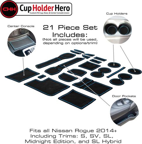 CupHolderHero fits Nissan Rogue Accessories 2014-2020 Premium Custom Interior Non-Slip Anti Dust Cup Holder Inserts, Center Console Liner Mats, Door Pocket Liners 21pc Set (Blue Trim) in Saudi Arabia