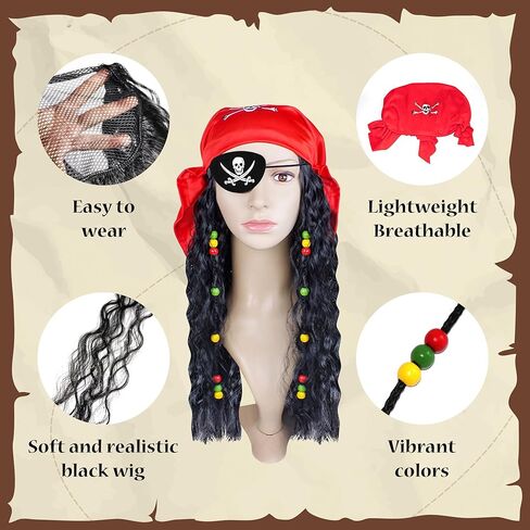 قبعة حفلات القراصنة من D-Fokes، مجموعة إكسسوارات القراصنة المضحكة، ملحقات رقعة العين لحجاب القراصنة المستعار، ملحقات القراصنة للنساء والرجال البالغين، أزياء القراصنة للهالوين، والحفلات التنكرية، والحفلات التنكرية in Kuwait