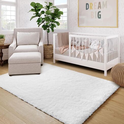 Lahome White Fluffy Fuzzy Rug 5x7 Area Rugs for Living Room, Faux Fur Rug for Nursery Kids with Rubber Backing, Washable Ultra Soft Non-Shedding Plush Shag Carpet for Girls Bedroom in Saudi Arabia