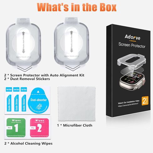 Adorve 2 Pack واقي شاشة لـ Apple Watch Ultra 2 / Ultra 49mm، طبقة من الزجاج المقوى 9H مع مجموعة تثبيت المحاذاة التلقائية لـ iWatch Ultra، مضادة للخدش، عالية الوضوح، حساسة للمس in Kuwait