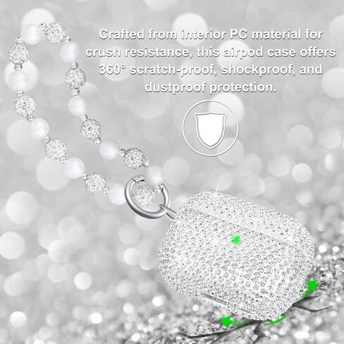 متوافق مع حافظة AirPods Pro، حافظة حماية فضية لامعة من حجر الراين الماسي لـ AirPods Pro الجيل الأول مع سلسلة مفاتيح لامعة فاخرة للنساء in Kuwait