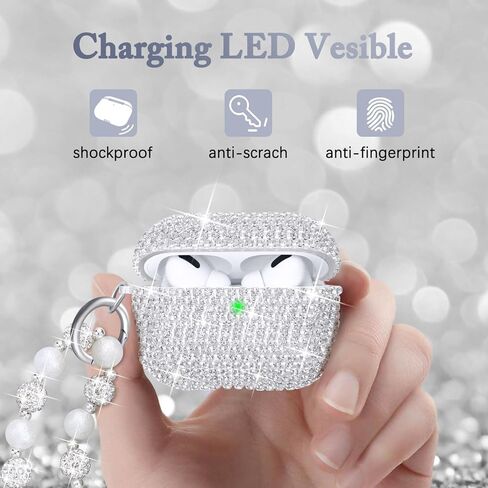 متوافق مع حافظة AirPods Pro، حافظة حماية فضية لامعة من حجر الراين الماسي لـ AirPods Pro الجيل الأول مع سلسلة مفاتيح لامعة فاخرة للنساء in Kuwait