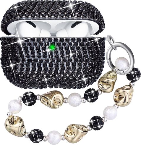 متوافق مع حافظة AirPods Pro، حافظة حماية فضية لامعة من حجر الراين الماسي لـ AirPods Pro الجيل الأول مع سلسلة مفاتيح لامعة فاخرة للنساء in Kuwait