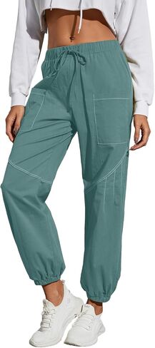 Women Baggy Cargo Pants Drawstring High Waist Hiking Pants Casual Cinch Bottom Y2k Jogger Trousers with Pockets in Saudi Arabia