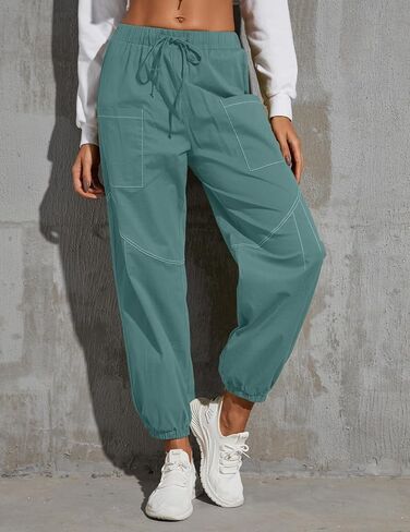 Women Baggy Cargo Pants Drawstring High Waist Hiking Pants Casual Cinch Bottom Y2k Jogger Trousers with Pockets in Saudi Arabia