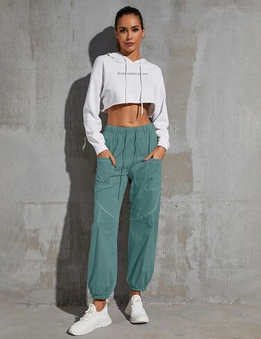 Women Baggy Cargo Pants Drawstring High Waist Hiking Pants Casual Cinch Bottom Y2k Jogger Trousers with Pockets in Saudi Arabia